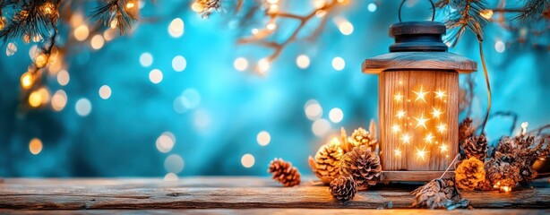 Poster - Cozy Winter Lantern Glowing with Stars Surrounded by Pine Cones and Soft Bokeh Background