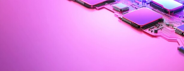 Fototapete - Vibrant Purple Circuit Board with Microchips on Modern Technology Background