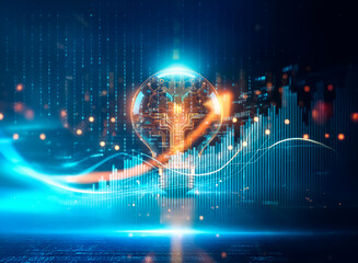 Poster - A digital lightbulb with a circuit board design emits a bright glow, set against a backdrop of blue data streams and rising graphs, symbolizing innovation.