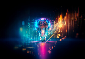 Aufkleber - Bright digital globe with upward lines suggesting progress in a futuristic scene. Abstract, technological, and vibrant, showcasing growth and innovation.