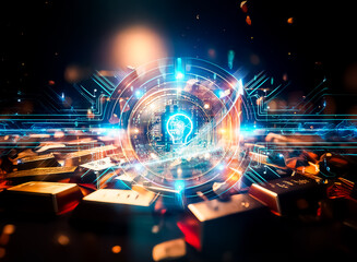 Poster - Glowing light bulb surrounded by futuristic tech circles with blue and orange lights, creating a bright digital idea on a dark backdrop.