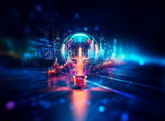Poster - A luminous light bulb encases a vibrant futuristic city, glowing with blue and orange light on an abstract digital backdrop. Concept of bright ideas and innovation.