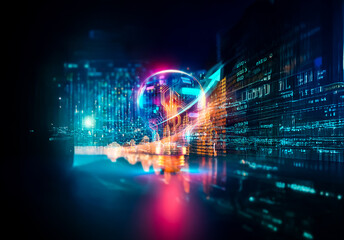 Fototapete - Abstract image featuring vibrant light trails in blue, red, and orange hues, creating a futuristic and dynamic scene against a dark backdrop, suggesting technological movement.
