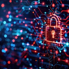 Poster - Digital lock icon amidst colorful circuit patterns representing cybersecurity and data protection.