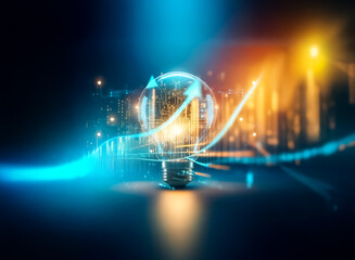 Poster - Bright lightbulb with an upward arrow symbolizes innovation and forward progress. Abstract city lights and glowing lines in blue and orange evoke futuristic growth ideas.