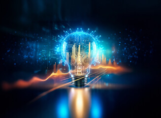 Poster - Glowing light bulb with circuit board inside emits blue light and orange energy waves on a dark backdrop, representing technology and innovation.