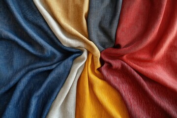Aufkleber - A collection of six richly textured fabrics in various colors, including deep blue, grey, mustard yellow, and burgundy, arranged in a circular pattern.
