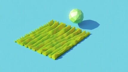 Fototapete - Isometric 3D Low Poly Style Depiction of Textured Grass and Geometric Sphere in Bright Colorful Background
