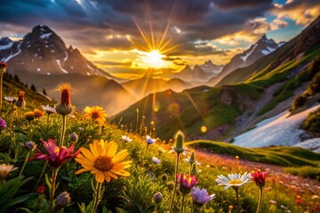 Wall Mural - Majestic Mountain Sunset: Close-Up Macro Photography of Alpine Flowers at Golden Hour