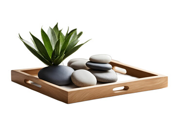 Poster - A simple wooden tray holding decorative stones and a small plant on a empty plain background