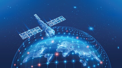 Poster - Vector abstract futuristic image. Realistic space communication satellite flies over the surface of planet Earth. Global Internet communication system, innovations and modern technologies. Planet Eart