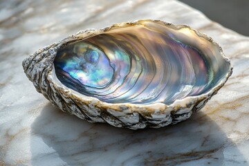 Poster - A mesmerizing abalone shell, showcasing iridescent colors and intricate textures, rests on a marble surface.