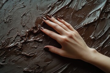 Poster - A woman's hand gently rests on a rich, textured expanse of dark chocolate.