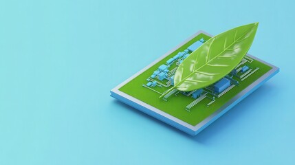 Fototapete - Isometric 3D Low Poly Style Representation of a Green Circuit Board with Leaf Element on a Blue Background