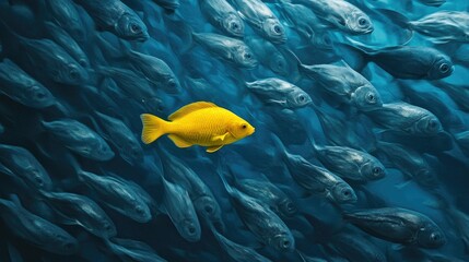 Poster - A lone yellow fish courageously swimming against a stream of gray fish in a vibrant and tranquil blue aquatic environment.