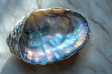 Poster - An iridescent seashell with vibrant blue, purple, and green hues rests on a marble surface.
