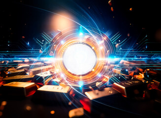 Leinwandbilder - Glowing light bulb surrounded by futuristic tech circles with blue and orange lights, creating a bright digital idea on a dark backdrop.