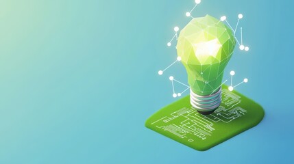 Fototapete - Isometric 3D Low Poly Style Depiction of a Green Light Bulb with Circuit Connections on a Green Base Background