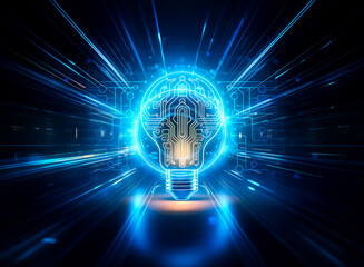 Leinwandbilder - A glowing lightbulb with a circuit board inside, symbolizing innovation and technological advancement.  Surrounded by digital circuitry, it represents the fusion of ideas and technology.