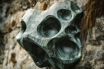 Poster - Abstract green marble sculpture with organic, cavernous forms attached to a stone wall.