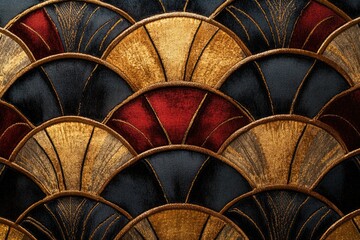 Poster - Art Deco-inspired textile with overlapping golden, red, and dark-blue fan shapes.