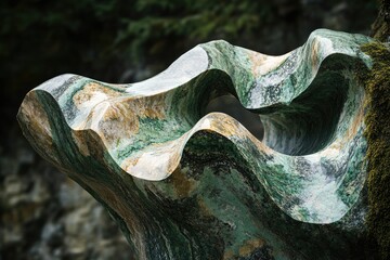 Poster - Abstract stone sculpture with flowing, wave-like forms and a green, gold, and white color palette.