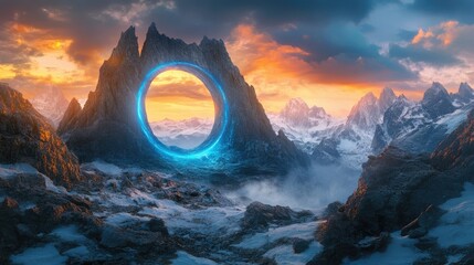 Sticker - A mystical blue frame portal emitting soft light on a rocky outcrop, with snow-capped mountains and a vibrant sunset sky