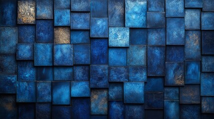 Poster - Textured Sapphire and Gilded Mosaic, An Abstract Geometric Wall Art Composition
