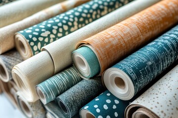 Poster - A collection of rolled wallpaper samples showcasing various textures and patterns in teal, beige, and orange.