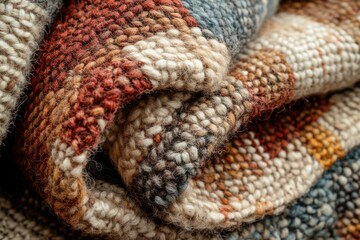 Aufkleber - Close-up of a cozy, multicolored knitted textile with a textured surface and warm earthy tones.