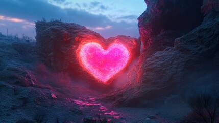 Poster - A neon pink heart emerging from a rugged rock formation, with an ethereal glow lighting up the surrounding terrain