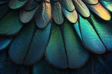 Poster - Close-up of iridescent bird feathers, showcasing vibrant teal and green hues, intricate texture.