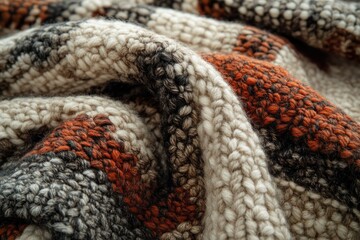 Aufkleber - Close-up of a chunky knit fabric with beige, brown, and orange stripes. Soft and textured, perfect for autumn.