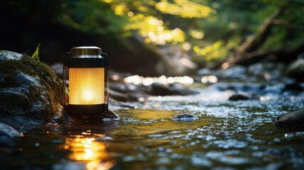 Sticker - A rugged rechargeable lantern submerged partially in water while still glowing brightly near a stream