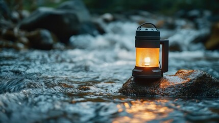 Sticker - A rugged rechargeable lantern submerged partially in water while still glowing brightly near a stream