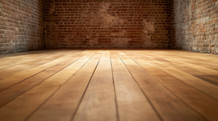 Poster - wooden floor with old brick wall creates rustic atmosphere, perfect for various interior designs and photography. warm tones of wood contrast beautifully with textured brick