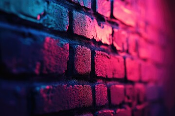 Aufkleber - A close-up of a brick wall illuminated with vibrant pink and blue neon lights.