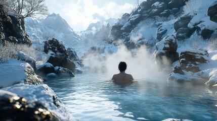 Wall Mural - A serene view of a person with wet hair enjoying an outdoor hot spring, with snow-covered rocks and gentle steam rising