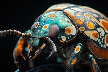 Poster - A vibrant jewel scarab beetle, showcasing iridescent teal, orange, and white markings on its carapace.