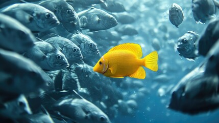 Poster - A striking image of a yellow fish breaking away from a school of gray fish, surrounded by shimmering blue water.