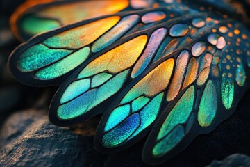Poster - Close-up of iridescent butterfly wings, showcasing vibrant jewel-toned colors and intricate details.