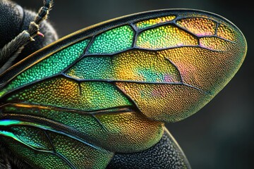 Poster - Close-up of iridescent insect wing, showcasing vibrant green, gold, and other colors.