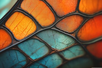 Poster - Close-up of vibrant, textured insect wing; intricate pattern of orange and teal scales.