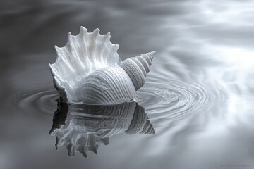 Poster - A large white seashell floats gently on calm water, creating ripples.