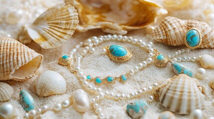Poster - A beach-inspired jewelry set featuring pearls, seashells, and turquoise stones