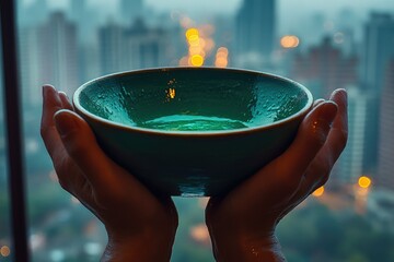 Poster - A pair of hands gently cradles a teal ceramic bowl against a blurred city backdrop.