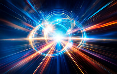 Poster - Abstract background with vibrant, blurred, light streaks of red, orange, and blue converging in the center.