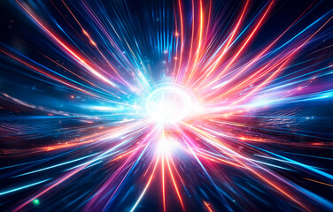 Poster - Abstract digital art of colorful light streaks radiating from a central point.