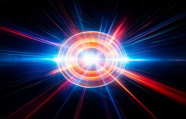 Poster - A dark background with colorful light streaks converging to a point.