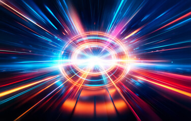 Poster - Abstract background with multicolored, glowing lines radiating outwards from a central point on a dark blue background.